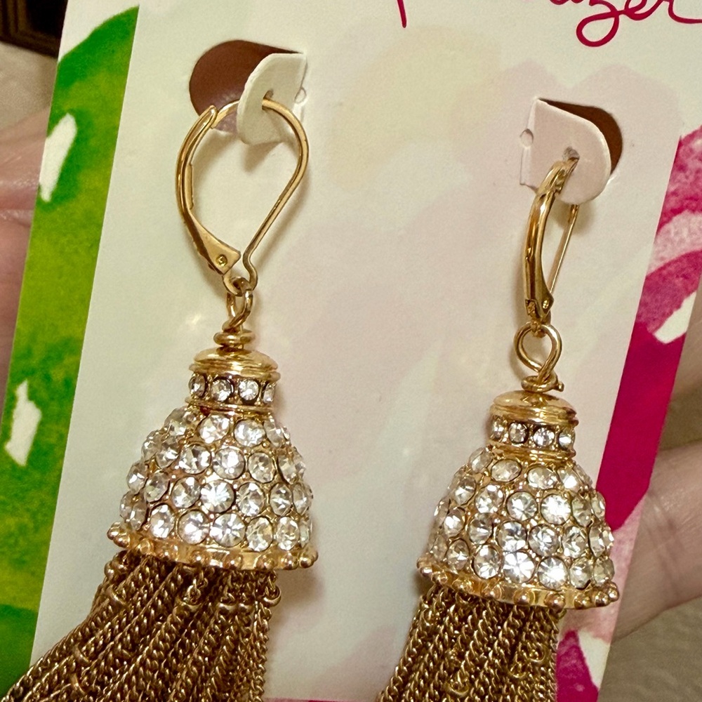 Lilly Pulitzer Earrings Gold Chain Tassel Crystal Earrings Pierced - Picture 6 of 7